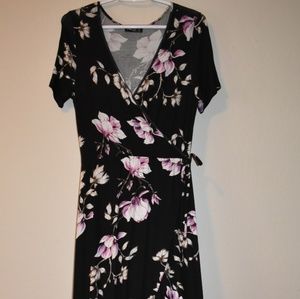 Black and Plum Floral Faux Wrap Dress